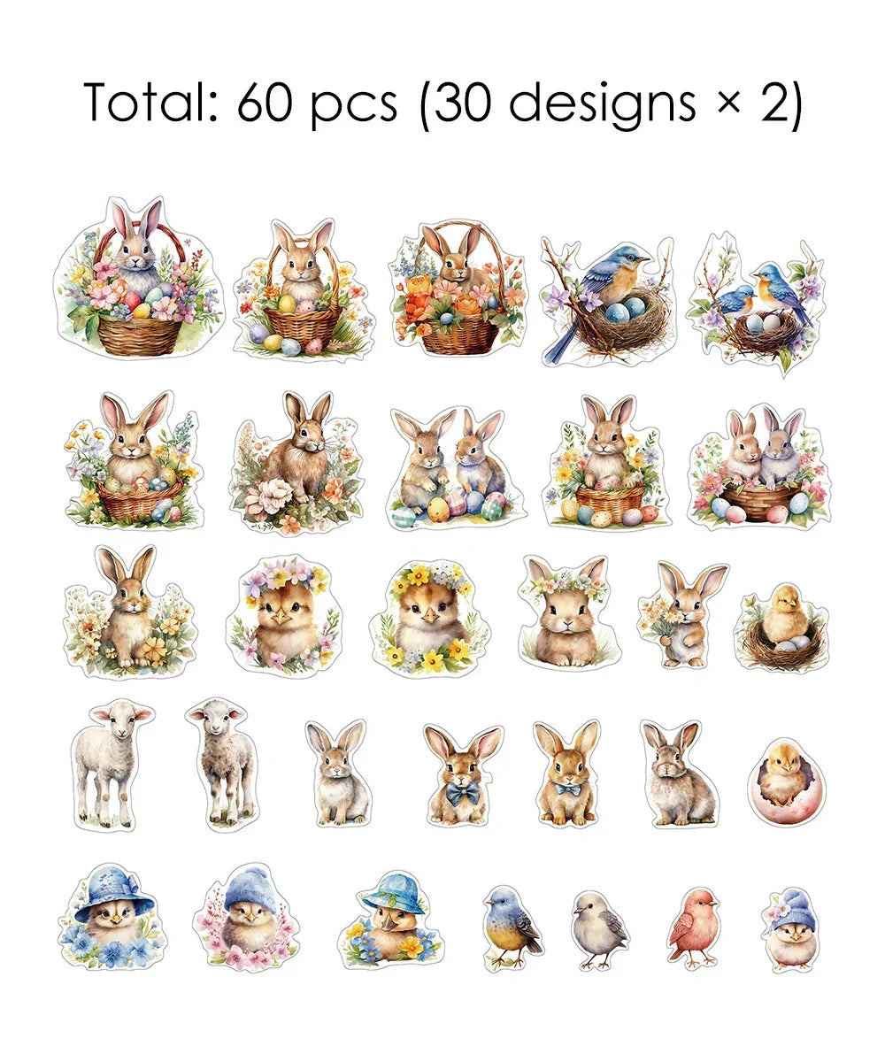 60 Pcs Grabie Exclusive The Magic Of Easter Sticker Set featuring watercolor-style rabbits, birds, lambs, and chicks for scrapbooking.