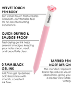 Pink Mindful Bloom retractable gel pen highlighting velvet touch body, 0.7mm tip, quick-dry black ink, and tapered nose.