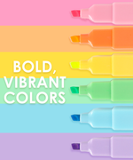 Six bold vibrant neon colors of Grabie highlighter pens lined up on color-matching background stripes.