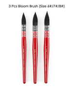 Professional Synthetic Quill Paint Brush Set Of 9 showing 3 bloom brushes with red handles in sizes 6, 7, and 8.