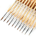 Watercolor Set of 100 With 11 Pcs Miniature Detail Paint Brushes showing fine wooden handles and delicate brush tips arranged in a row.