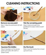 Cleaning instructions for 11 Pcs Miniature Detail Paint Brush Set With Natural Wood Handle showing paint removal and drying steps.