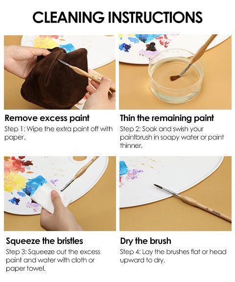 Cleaning instructions for 11 Pcs Miniature Detail Paint Brush Set With Natural Wood Handle showing paint removal and drying steps.