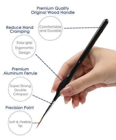Hand holding a fine detail brush from the 15 Pcs Miniature Detail Brush Set with ergonomic wood handle and precision tip