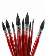 Professional Synthetic Quill Paint Brush Set Of 9 with red handles and black bristles for watercolor and art supplies projects.