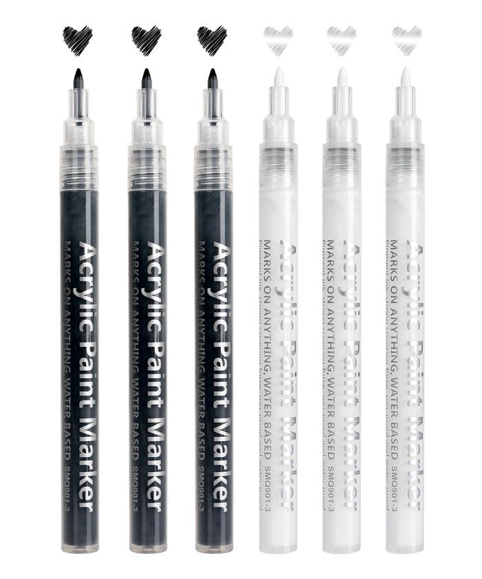 Black & White Extra Fine Tip Acrylic Paint Markers Set Of 6 - Grabie