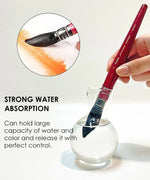 Professional Synthetic Quill Paint Brush Set Of 9 with strong water absorption shown dipping in water for painting control.