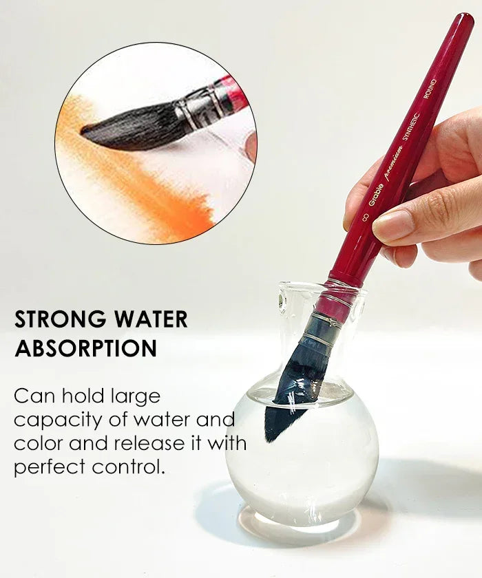 Professional Synthetic Quill Paint Brush Set Of 9 with strong water absorption shown dipping in water for painting control.