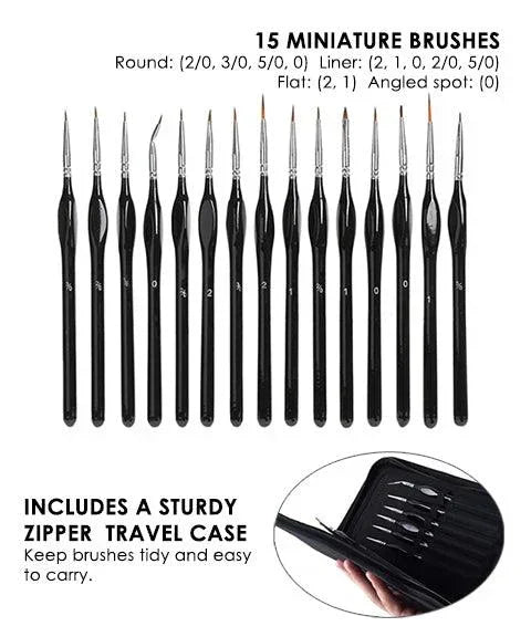 15 Pcs Miniature Detail Brush Set with various fine tips and a sturdy zipper travel case for art supplies and crafting.
