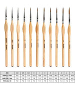 11 Pcs Miniature Detail Paint Brush Set With Natural Wood Handle arranged in a row with varying fine tips for detailed art work