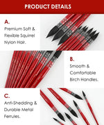 Professional Synthetic Quill Paint Brush Set Of 9 with red handles, synthetic bristles, and durable metal ferrules for art supplies.