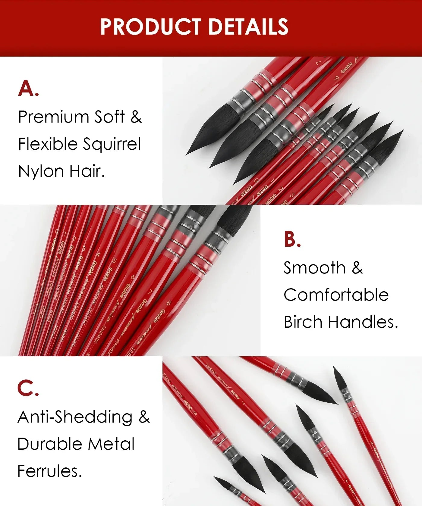 Professional Synthetic Quill Paint Brush Set Of 9 with red handles, synthetic bristles, and durable metal ferrules for art supplies.