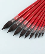 Professional Synthetic Quill Paint Brush Set Of 9 with red handles and varying tip sizes for detailed painting and art supplies.
