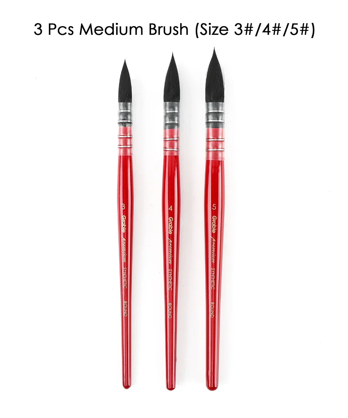 Professional Synthetic Quill Paint Brush Set Of 9 showing three medium red-handled brushes for watercolor and art supplies.