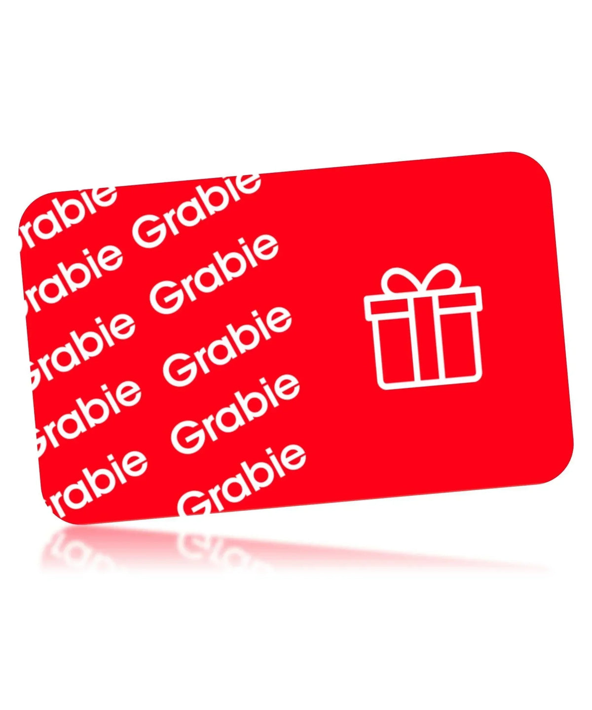 Red Grabie e-Gift Card with repeating Grabie logo and white gift box icon on right side