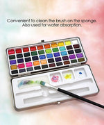 Watercolor Coloring Bookmarks With Watercolor Set showing colorful paint palette, brush, and mixing tray with sponge for cleaning.