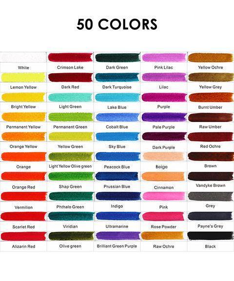 Watercolor Coloring Bookmarks With Watercolor Set showing 50 vibrant color swatches labeled with color names on white background.