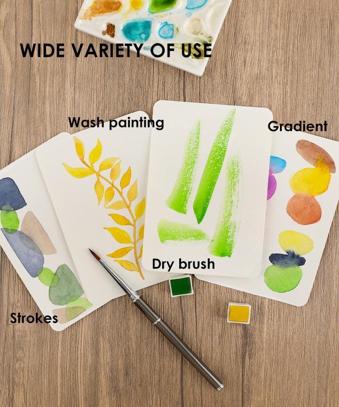 Watercolor paint set with brush, color palette, and sample swatches on wooden table.
