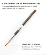 Round pointed watercolor travel brush with detachable cap, durable nylon bristles, artist supplies.