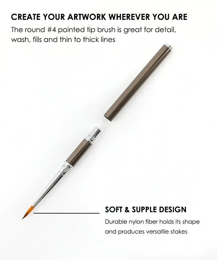 Round pointed watercolor travel brush with detachable cap, durable nylon bristles, artist supplies.