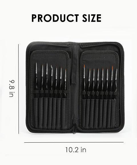 15 Pcs Miniature Detail Brush Set in black zippered case with fine tips for detailed art and watercolor work