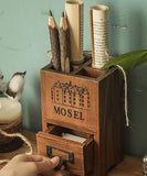 Vintage Wood Storage Pen Holder With A Small Drawer