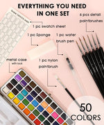 Watercolor Coloring Bookmarks With Watercolor Set featuring 50 colors, brushes, sponge, swatch sheet, and metal case