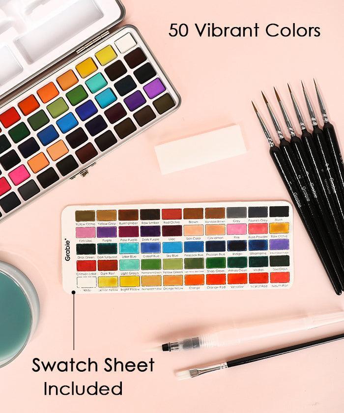 Watercolor Coloring Bookmarks With Watercolor Set including 50 vibrant colors, swatch sheet, brushes, and watercolor pens