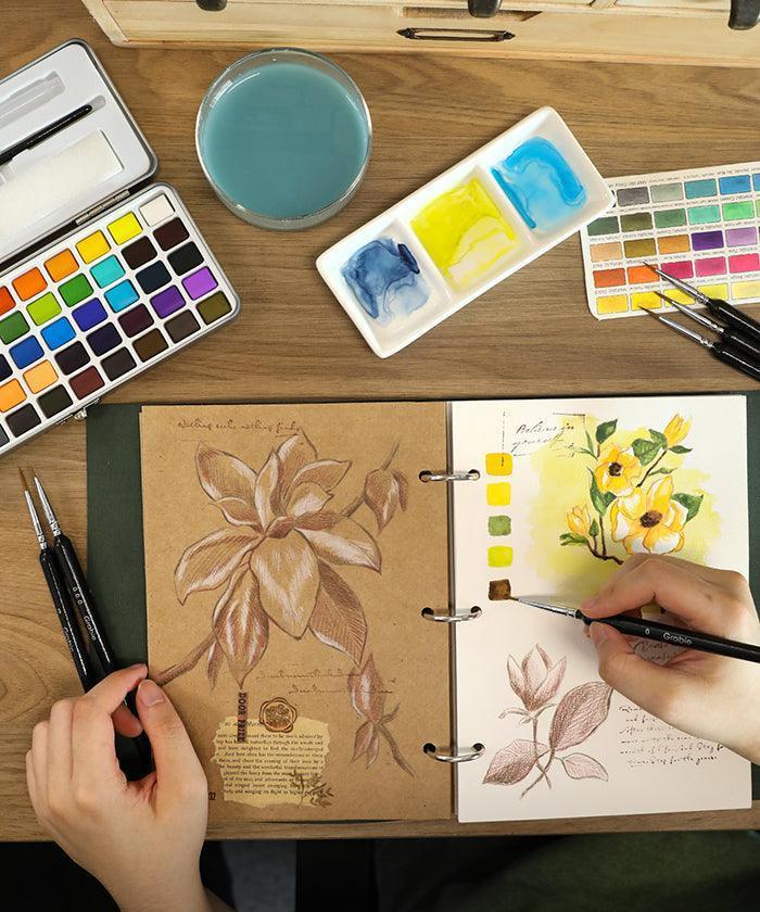 Watercolor Coloring Bookmarks With Watercolor Set showing floral paintings with brushes and paint palette on wooden table