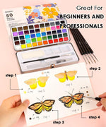 Watercolor Coloring Bookmarks With Watercolor Set showing butterfly painting steps with brushes and vibrant colors for beginners and professionals
